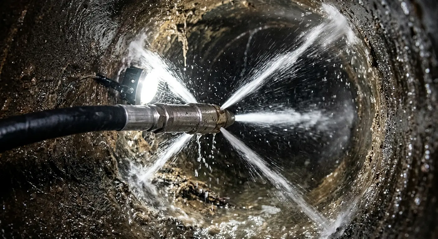 High-pressure hydro jetting nozzle cleaning sewer pipe for Sewer Cleanout in Alpine