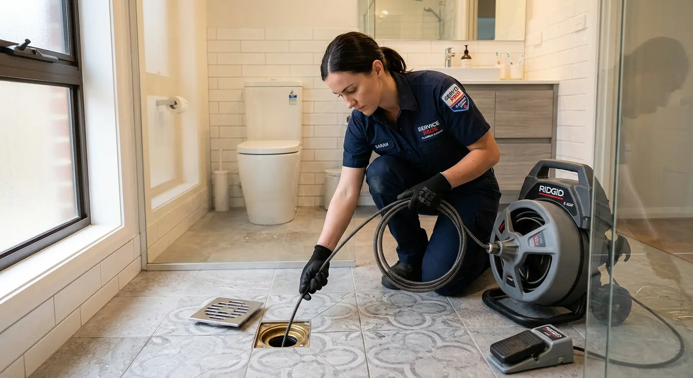 Technician clearing a bathroom floor drain for Sewer Line Replacement in Alpine
